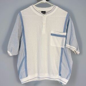 Vintage Jantzen Banded Pullover Shirt Men XL Blue White Seersucker Henley Pocket